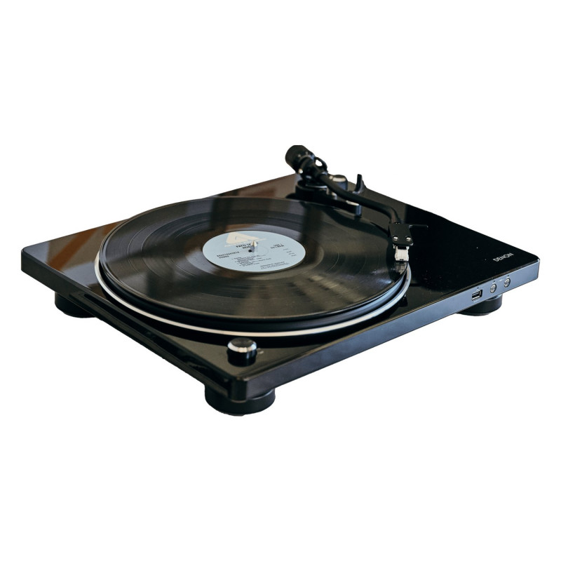 Denon DP-450USB, vista en ángulo en negro con un disco