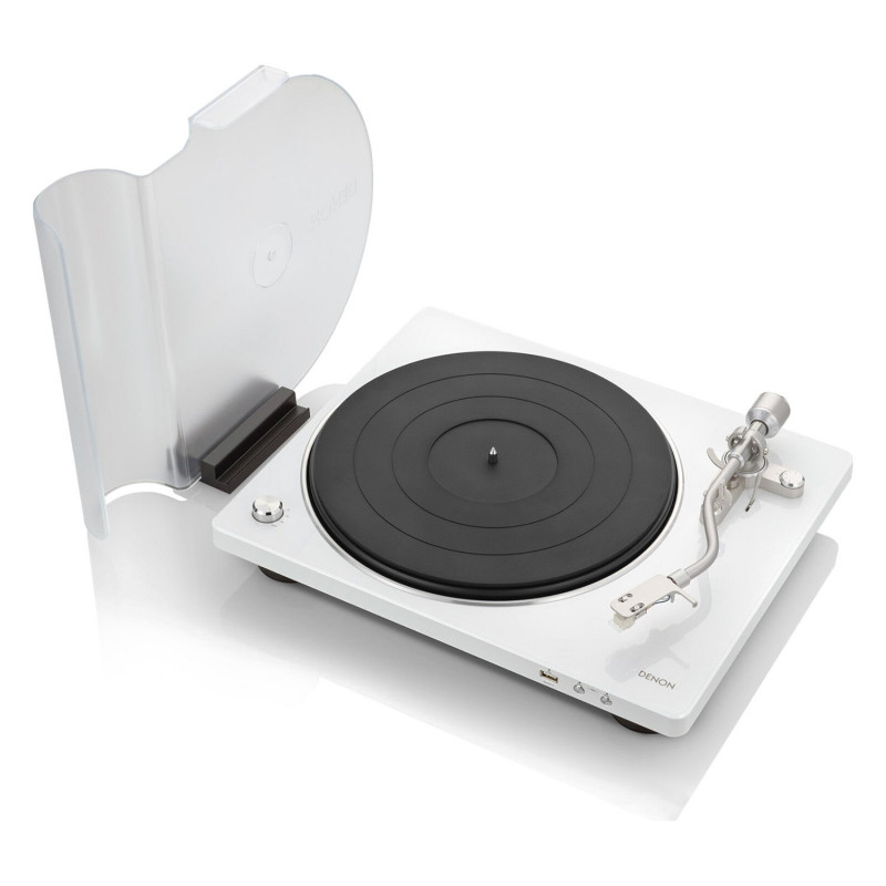 Denon DP-450USB, en blanco con la tapa de pie como atril