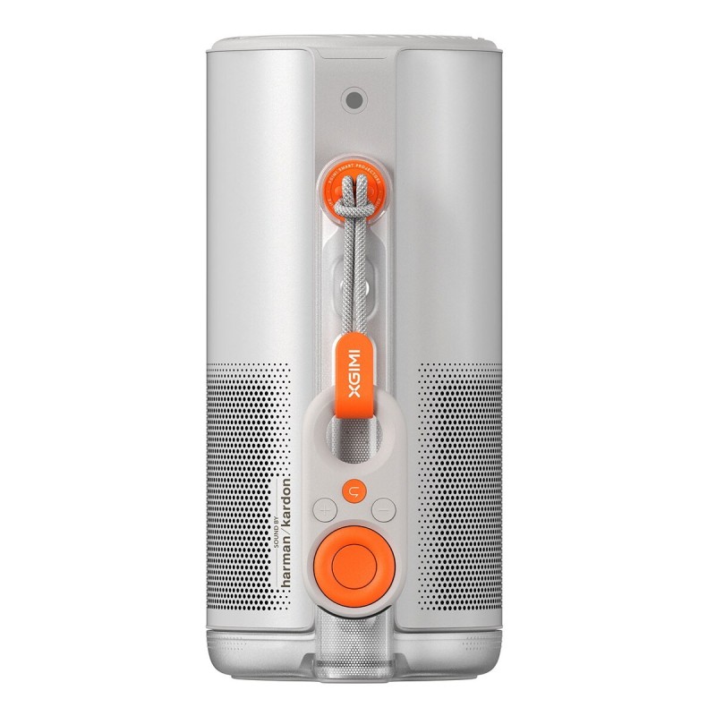 XGIMI MoGo 4 Proyector Portátil 1080p — vista trasera plegado con mando a distancia auxiliar colgado