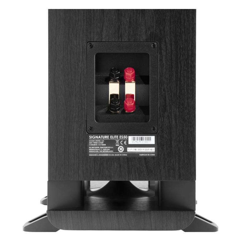 Polk Signature Elite ES50, detalle de la trasera con dos pares de bornes y la base