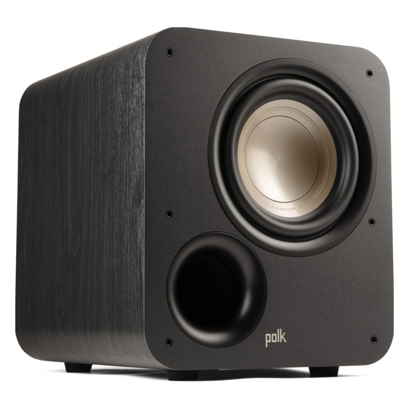 Polk Signature Elite ES8, en ángulo sin rejilla, con el woofer y el puerto frontal