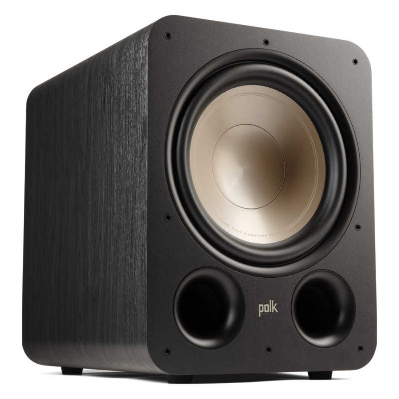 Polk Signature Elite ES12, en ángulo sin rejilla, con el woofer y los dos puertos