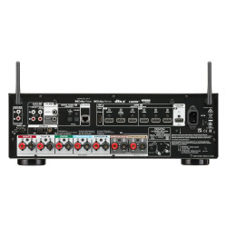 Denon AVR-X1800H, panel trasero con 6 entradas HDMI, salida eARC, phono MM, dos subwoofers, antena FM/AM y 7 pares de bornes