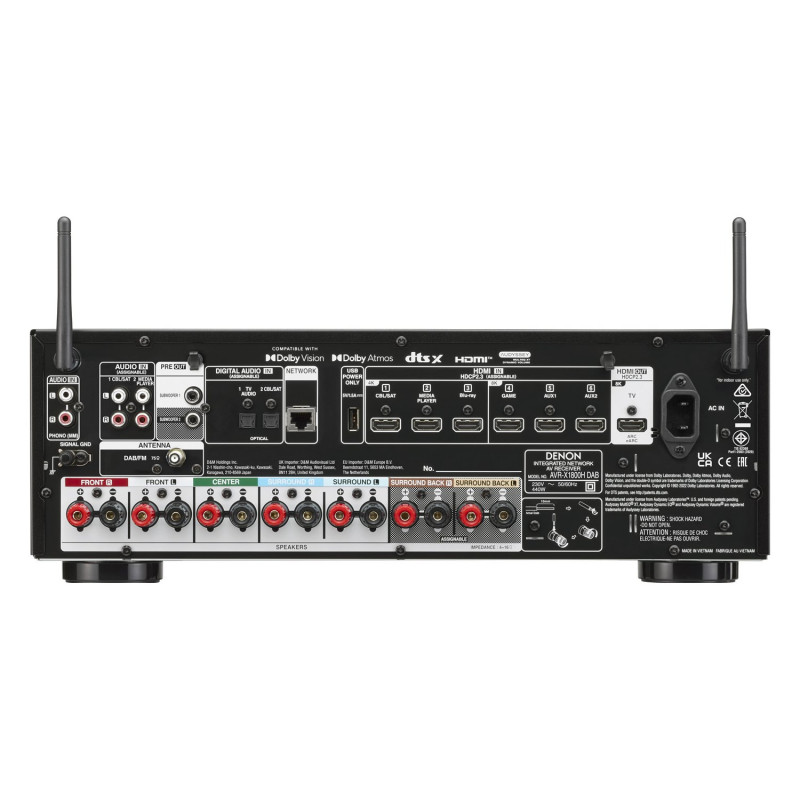 Denon AVR-X1800H DAB, panel trasero con antena DAB/FM, 6 entradas HDMI, salida eARC, phono MM y dos subwoofers