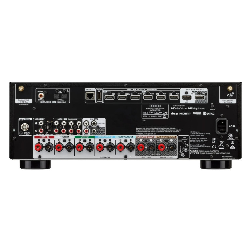 Denon AVR-X2900H DAB, panel trasero con antena DAB/FM, coaxial, 6 entradas y 2 salidas HDMI, phono MM, previo de zona 2 y dos su