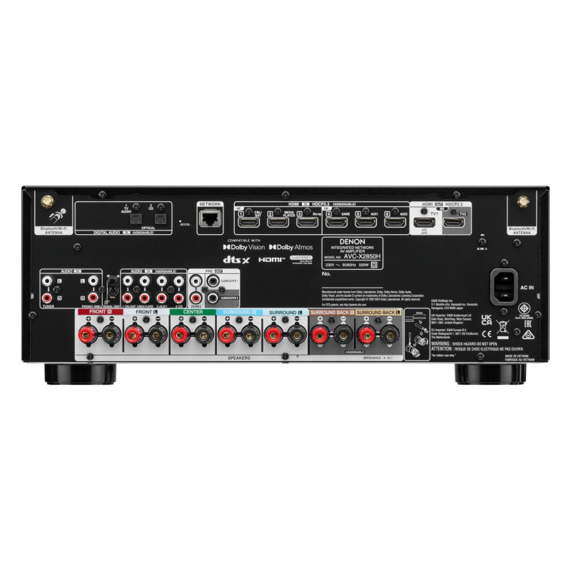 Denon AVC-X2850H, panel trasero con 6 entradas HDMI, 2 salidas (TV1 con eARC), phono MM, previo de zona 2 y dos salidas de subwo