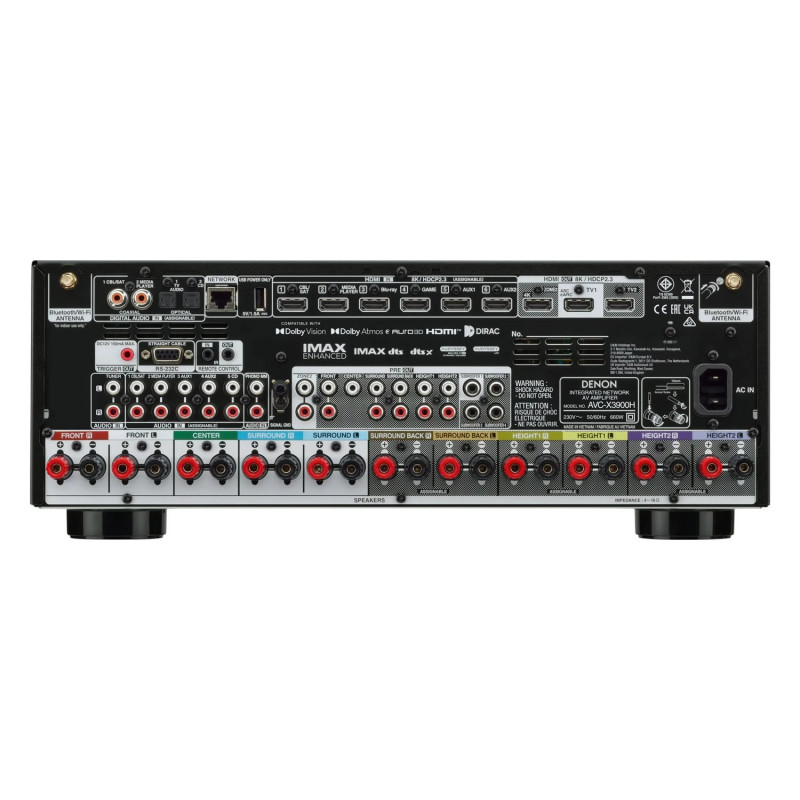 Denon AVC-X3900H, panel trasero con 6 entradas HDMI 8K, 3 salidas, previo 11.4 y cuatro salidas de subwoofer