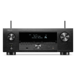 Denon AVC-X4800H, frontal en negro con la tapa abierta: USB, auriculares y micrófono