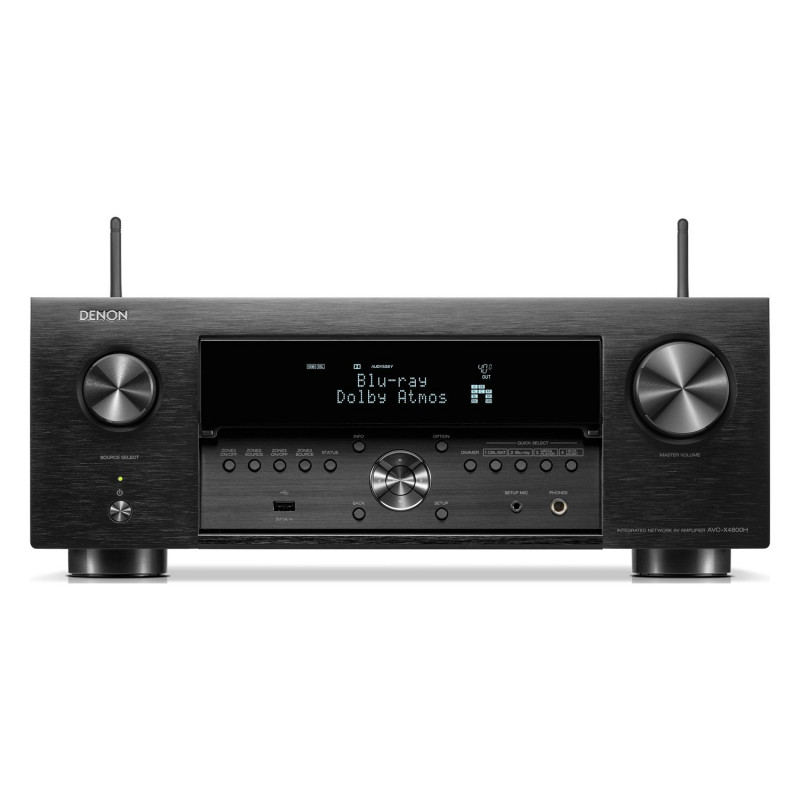 Denon AVC-X4800H, frontal en negro con la tapa abierta: USB, auriculares y micrófono