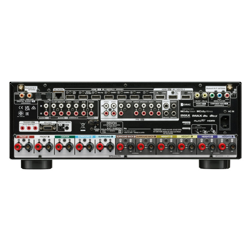 Denon AVC-X4800H, panel trasero en negro con 7 entradas HDMI 8K, 3 salidas, previo 11.4 y cuatro salidas de subwoofer
