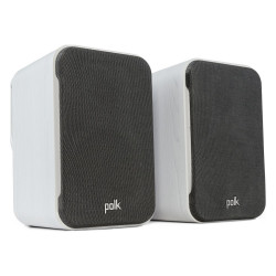 Polk Signature Elite ES10, pareja en ángulo con rejilla en blanco