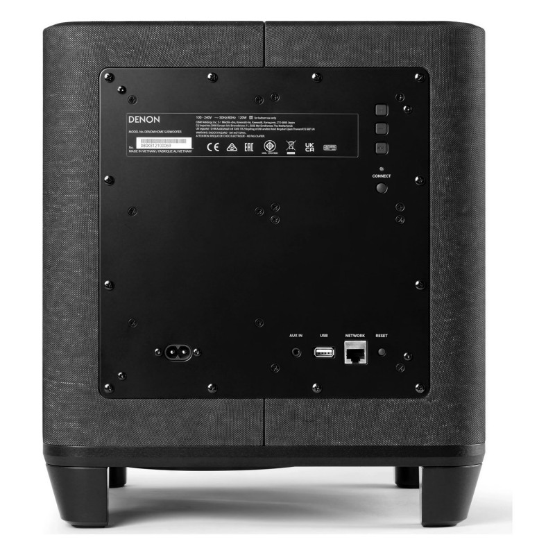 Denon Home Subwoofer, parte trasera con entrada de corriente, AUX, USB y red