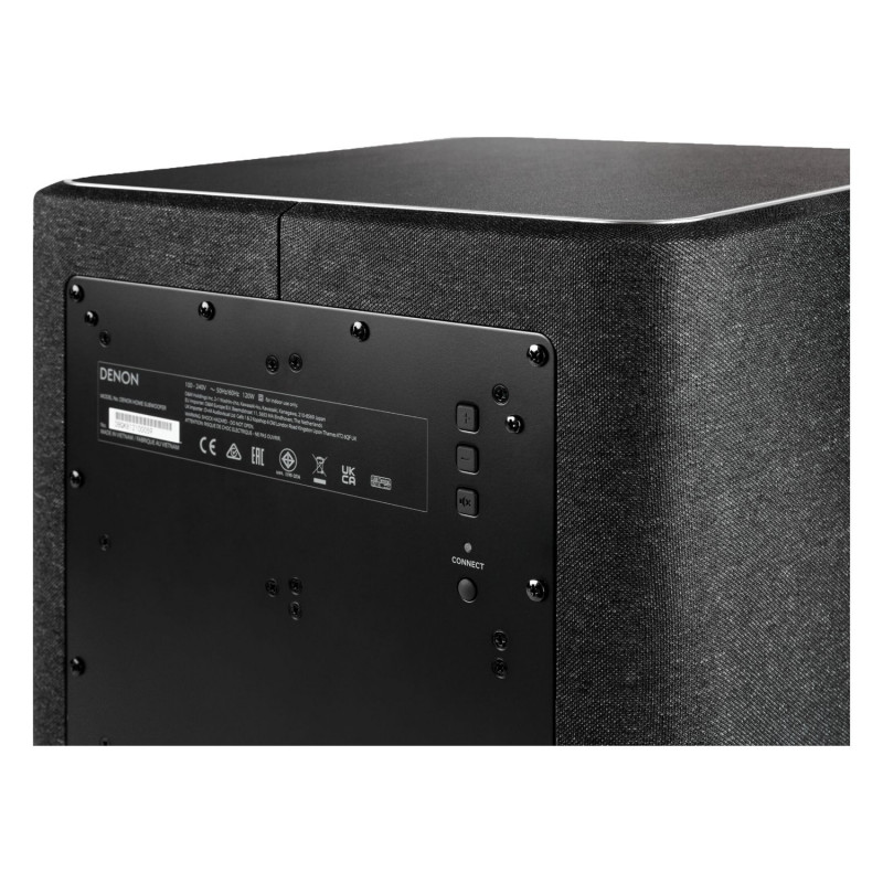 Denon Home Subwoofer, detalle del panel trasero con los botones de volumen, silencio y conexión