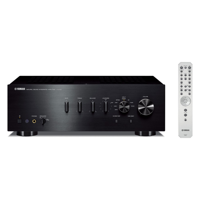 Yamaha A-S701, vista frontal en negro con el mando