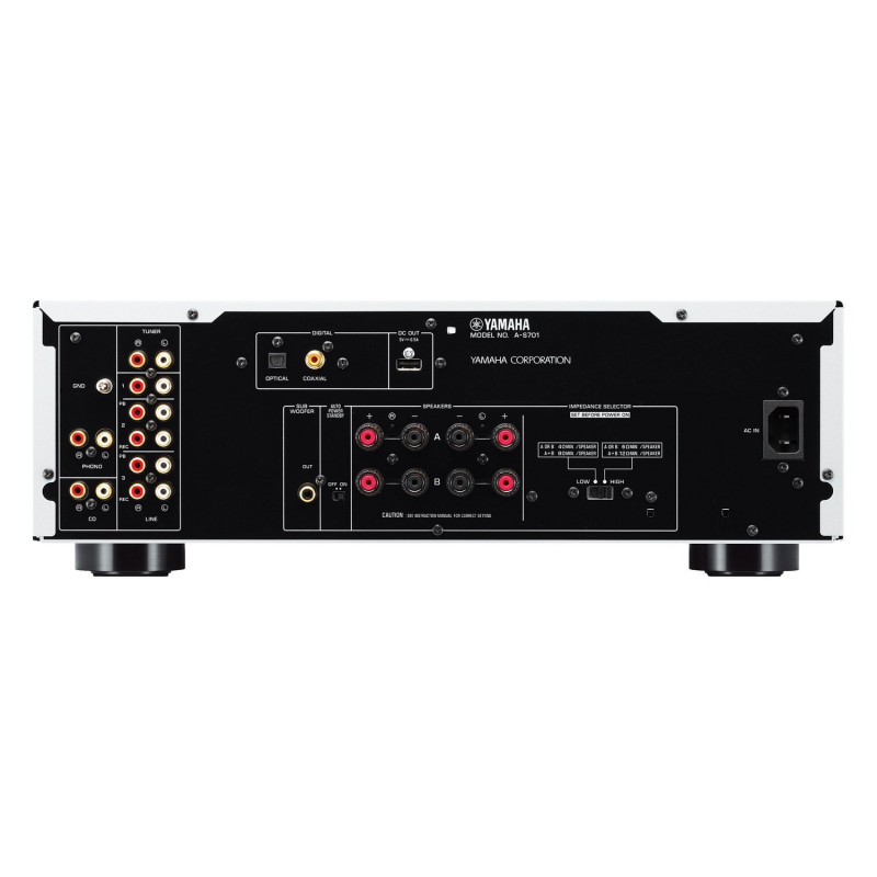 Yamaha A-S701, panel trasero con phono, óptica, coaxial y salida de subwoofer