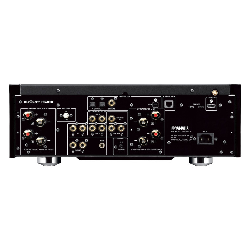 Yamaha R-N2000A, panel trasero con HDMI ARC, phono, entradas digitales y salidas de previo y subwoofer