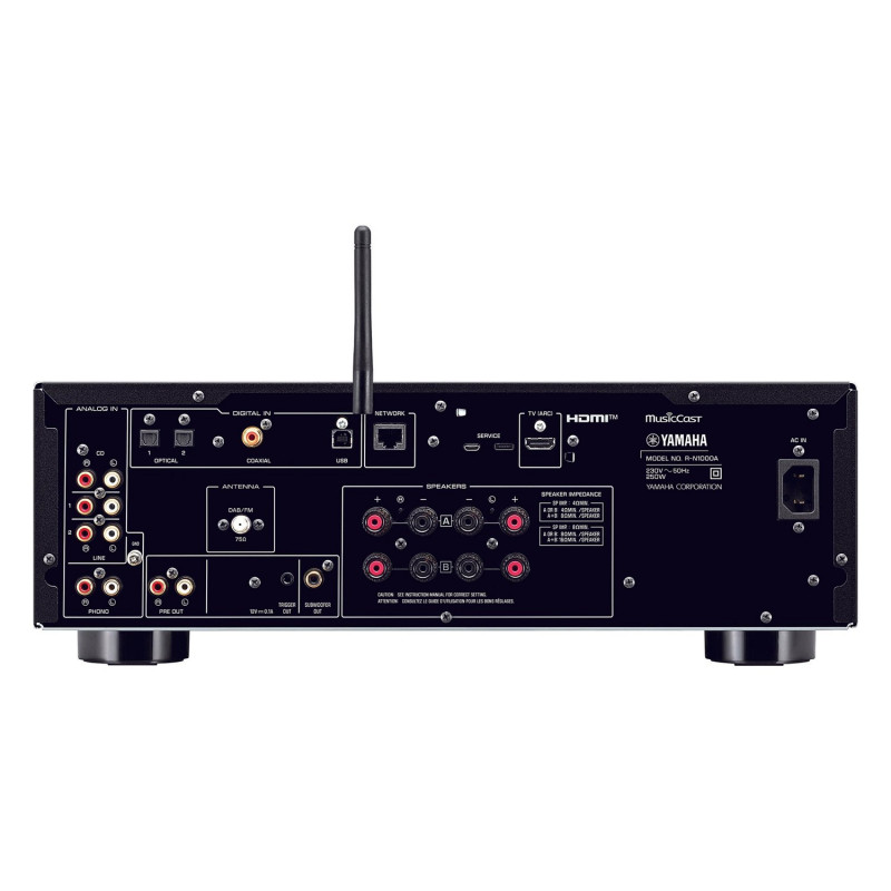 Yamaha R-N1000A, panel trasero con HDMI ARC, phono, entradas digitales y antena wifi