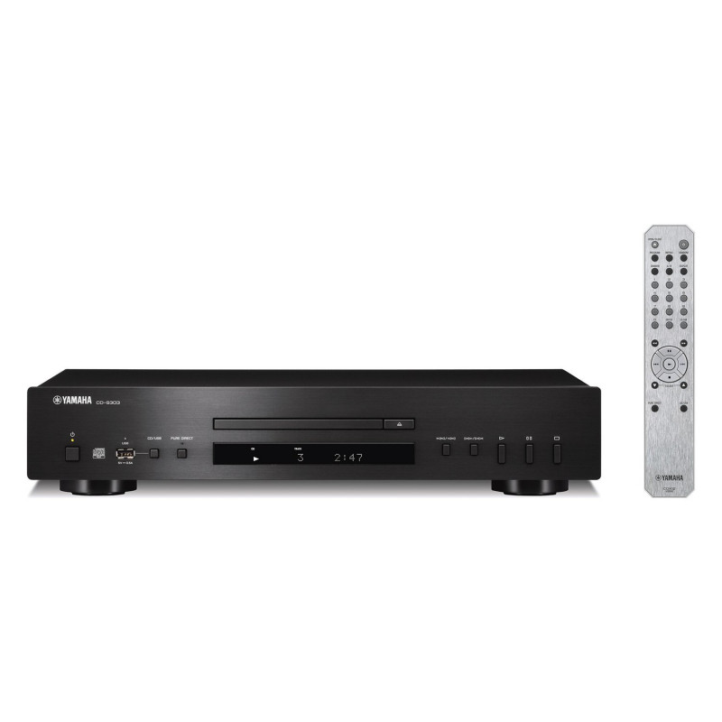 Yamaha CD-S303, frontal en negro con el mando a distancia