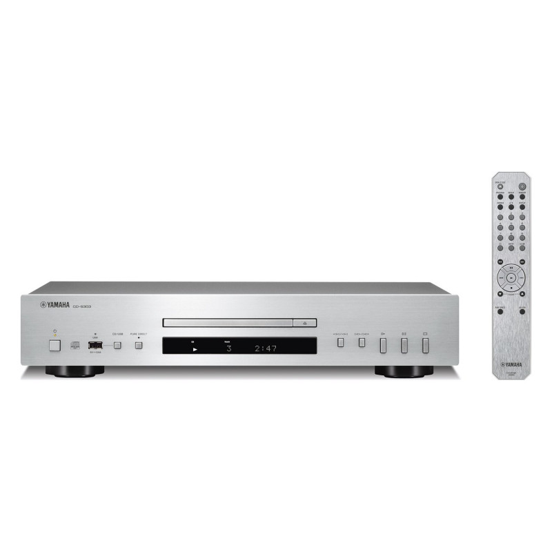 Yamaha CD-S303, frontal en plata con el mando a distancia
