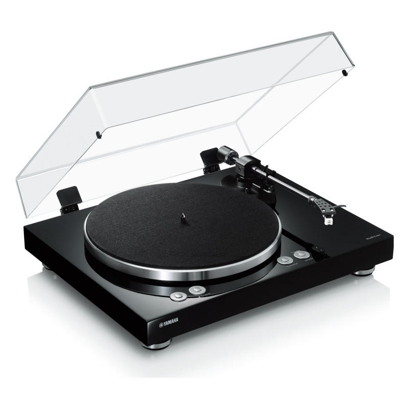 Yamaha MusicCast VINYL 500, vista en ángulo en negro con la tapa abierta
