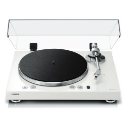 Yamaha MusicCast VINYL 500, vista frontal elevada en blanco con la tapa abierta