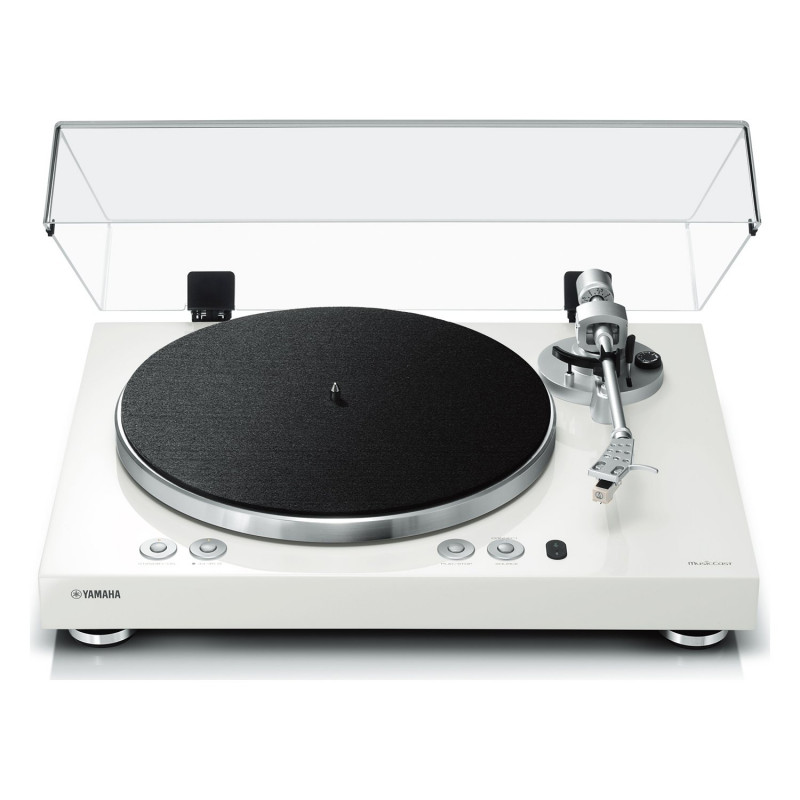 Yamaha MusicCast VINYL 500, vista frontal elevada en blanco con la tapa abierta