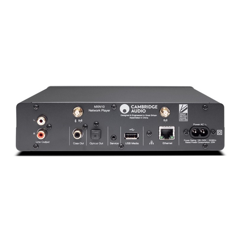 Cambridge Audio MXN10 + DacMagic 200M, trasera del MXN10 con salida RCA, coaxial, óptica, USB y Ethernet