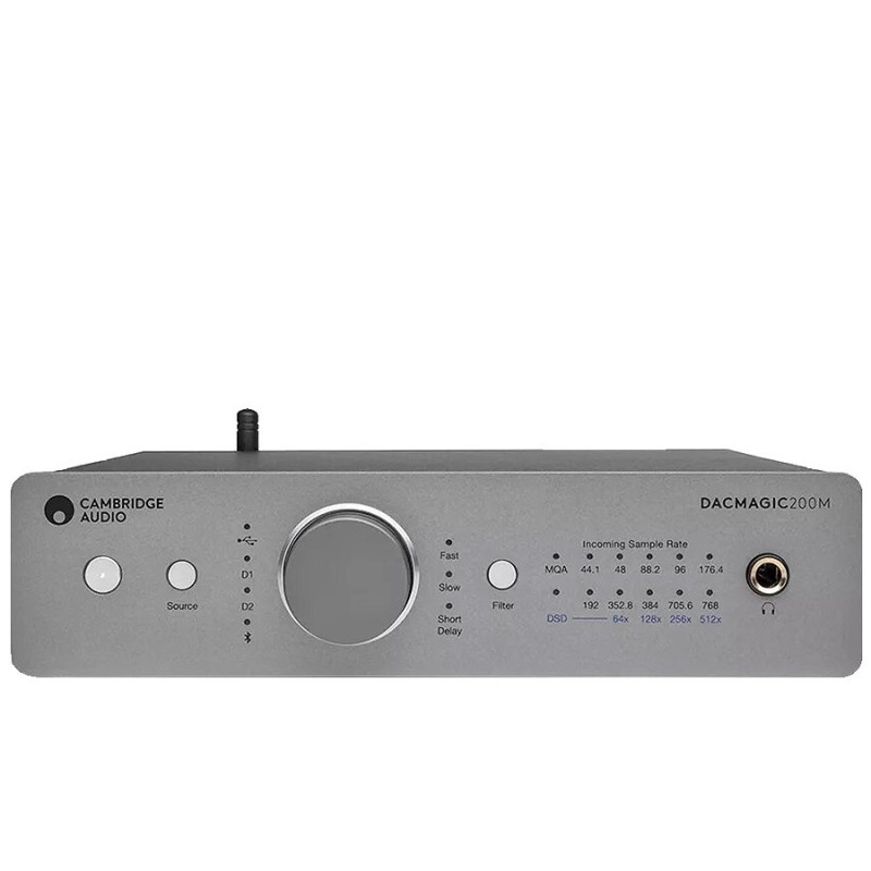 Cambridge Audio MXN10 + DacMagic 200M, frontal del DacMagic con el mando de volumen, los pilotos de frecuencia y auriculares