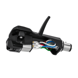 Audio-Technica AT-VM95EBK/H, cápsula en negro montada en el cabezal AT-HS6BK